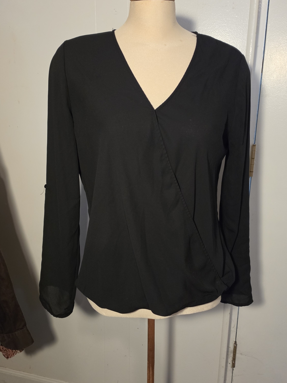 Pleione Black V-Neck Faux Wrap Long Sleeve Blouse